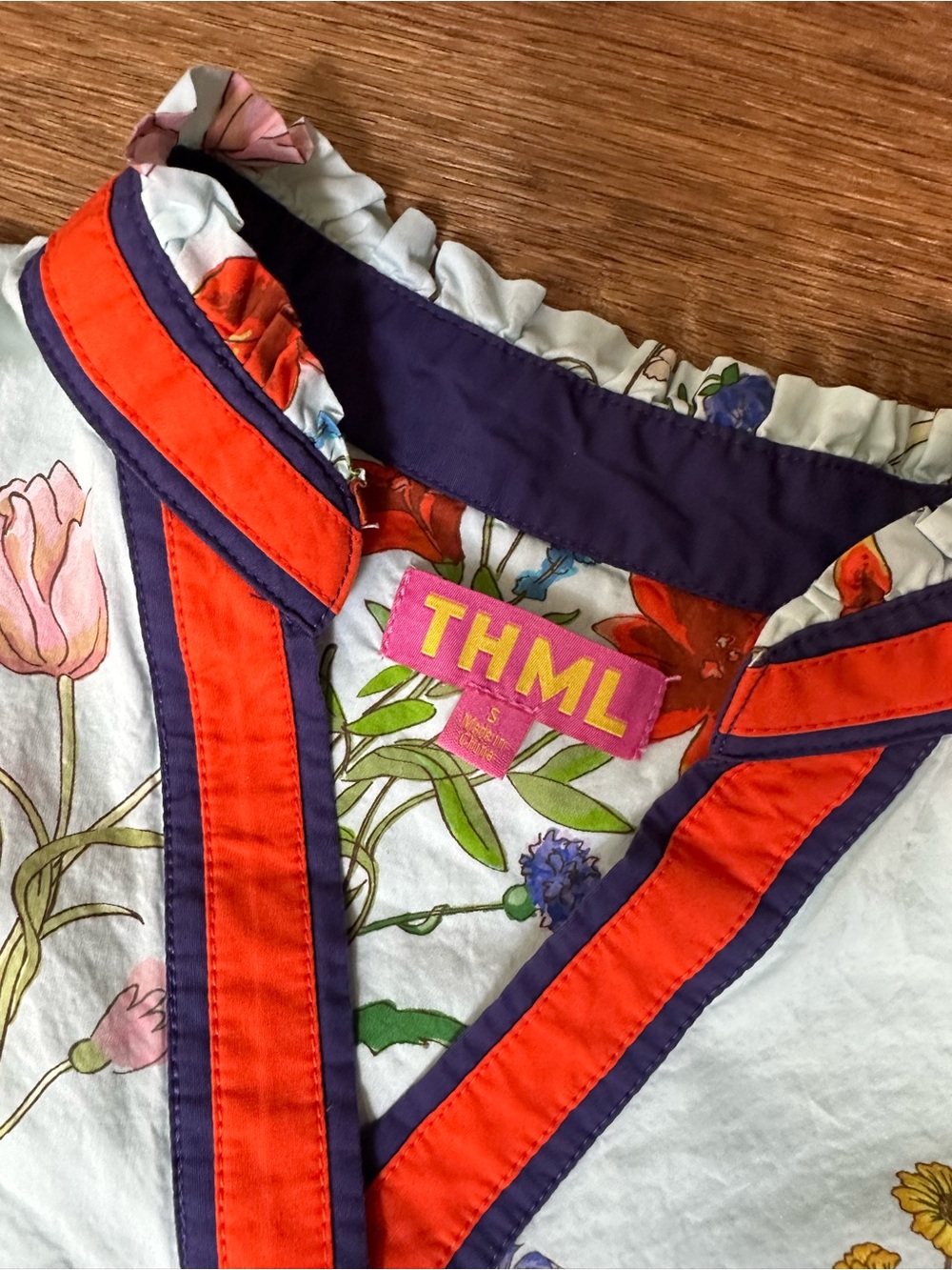 THML White Floral Puff Sleeve Blouse with Orange & Navy Trim - Picture 2 of 2